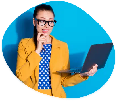 Businesswoman with glasses holding a laptop and thinking